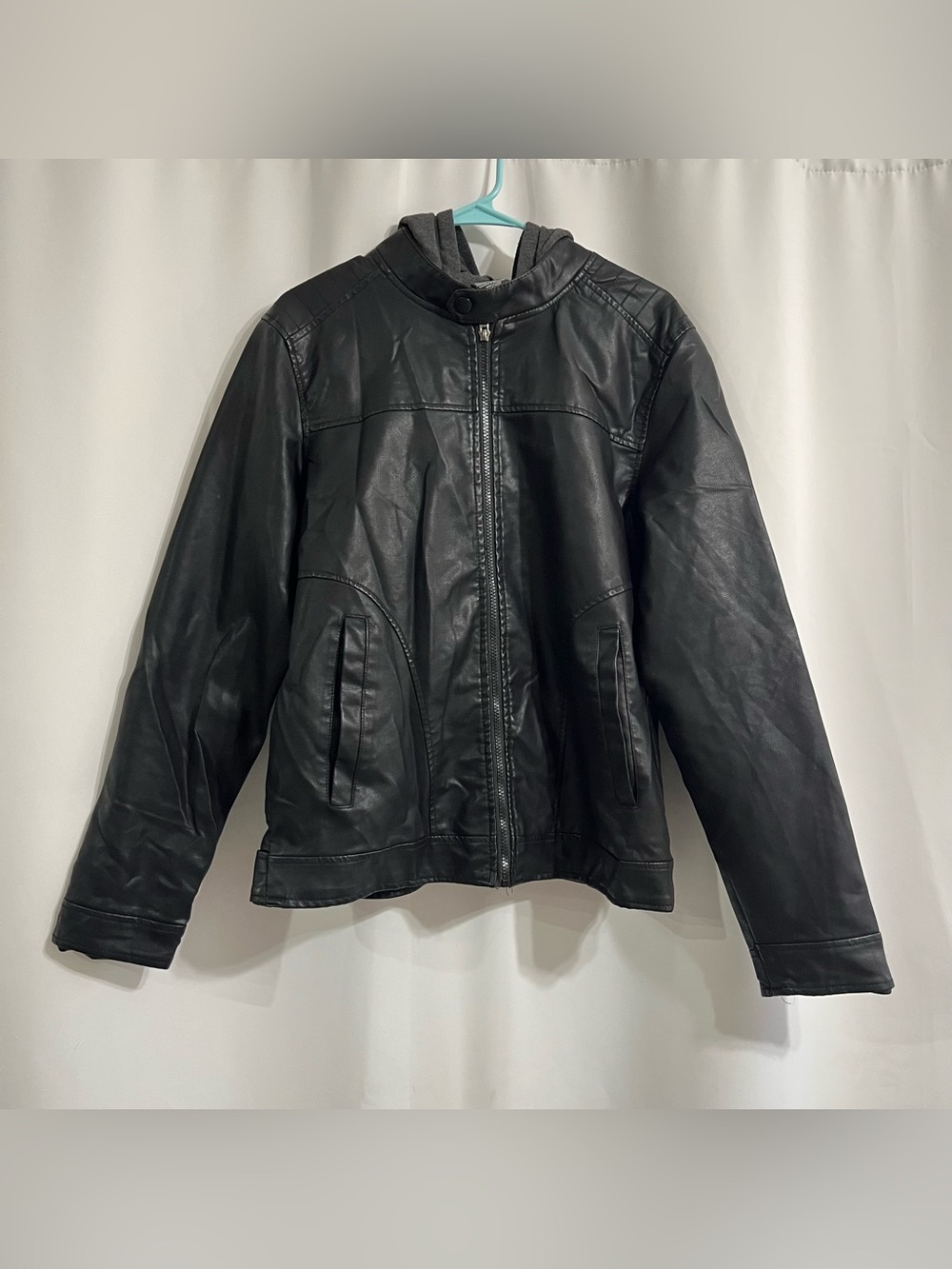 Ring Of Fire men’s Faux Leather black With Gray Hoodie Jacket size M